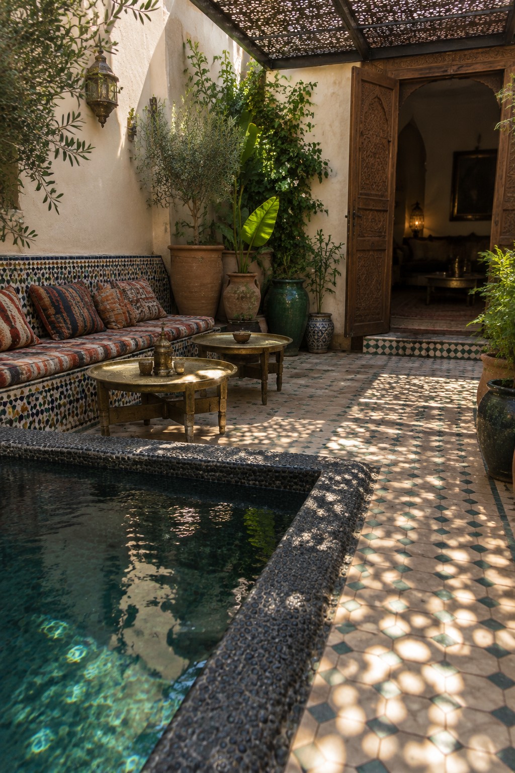 22 Stunning Plunge Pool Ideas for Small Courtyards A small courtyard with a rectangular plunge pool, built-in bench with striped cushions, potted plants, and an open carved wooden door leading to an interior room.