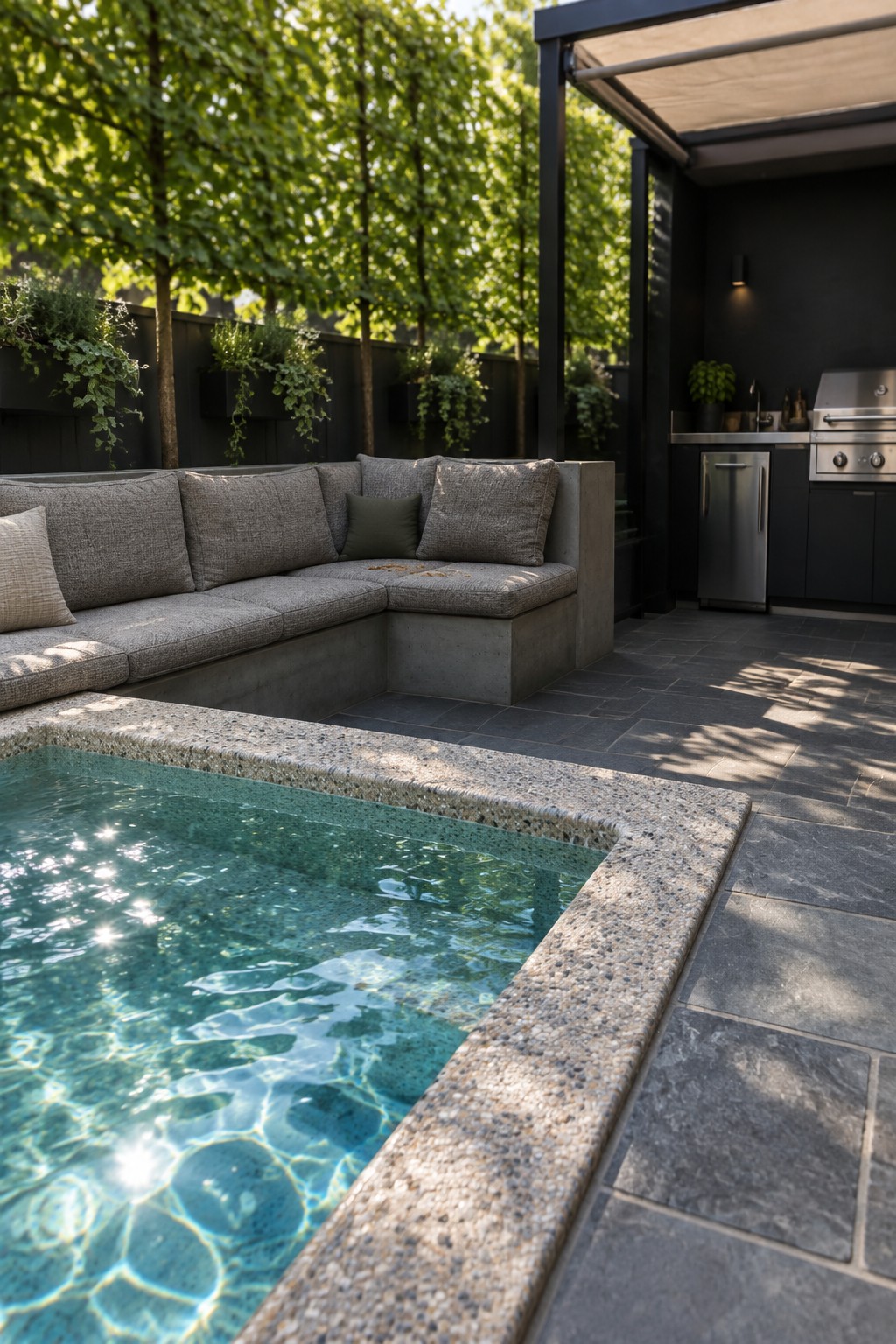 22 Stunning Plunge Pool Ideas for Small Courtyards A small plunge pool edged with speckled stone next to a built-in L-shaped concrete bench with gray cushions, with an outdoor kitchen visible in the background.