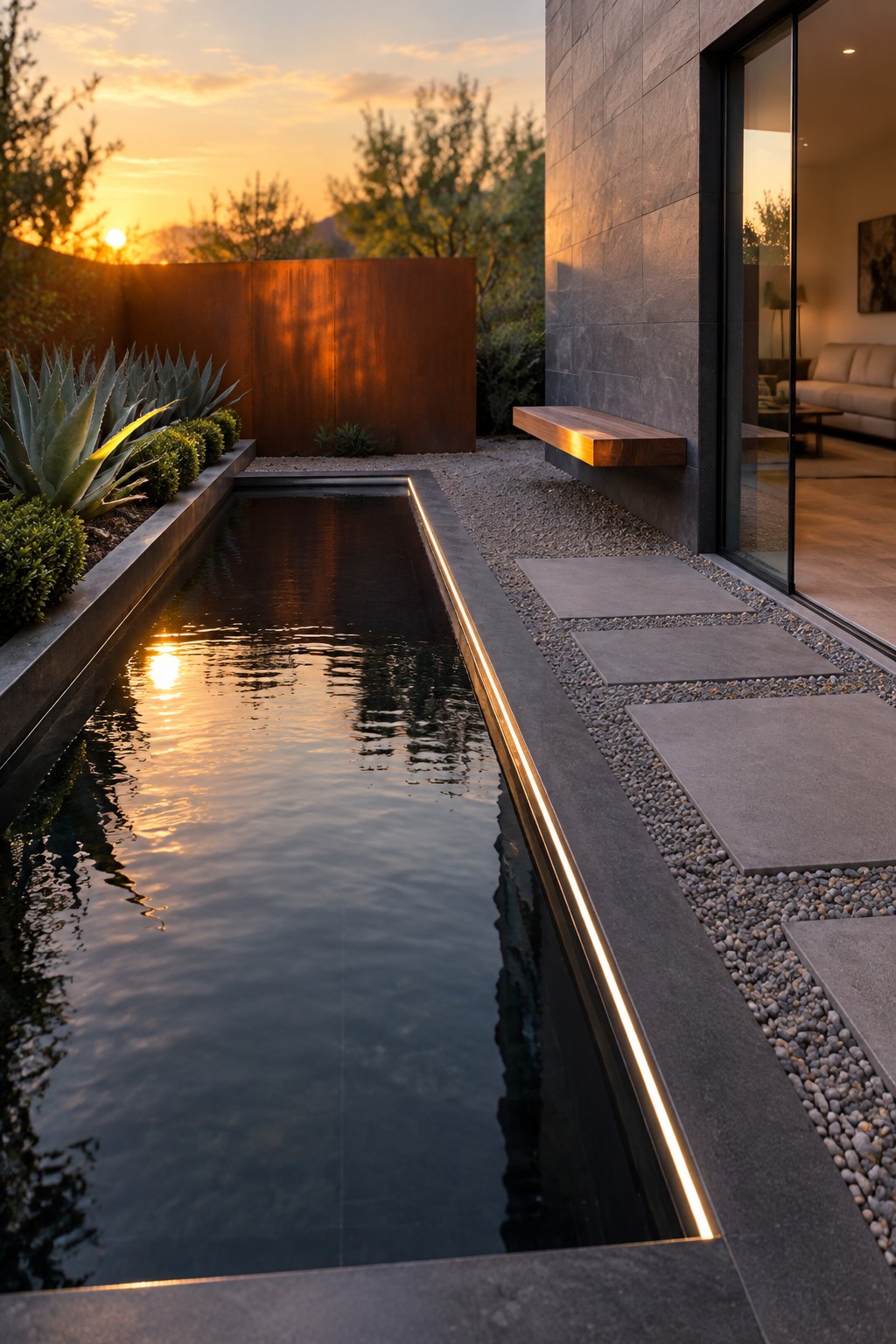22 Stunning Plunge Pool Ideas for Small Courtyards A narrow rectangular plunge pool with glowing linear LED lights along both long edges sits in a gravel courtyard beside a modern stone house at sunset.