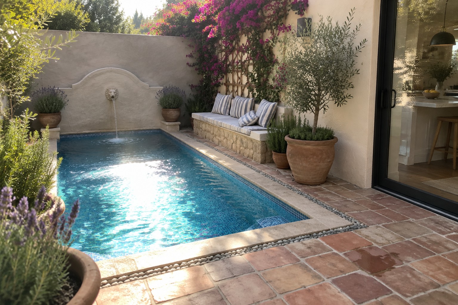 Narrow blue pool with fountain, pink bougainvillea, terracotta pots, and tiled patio