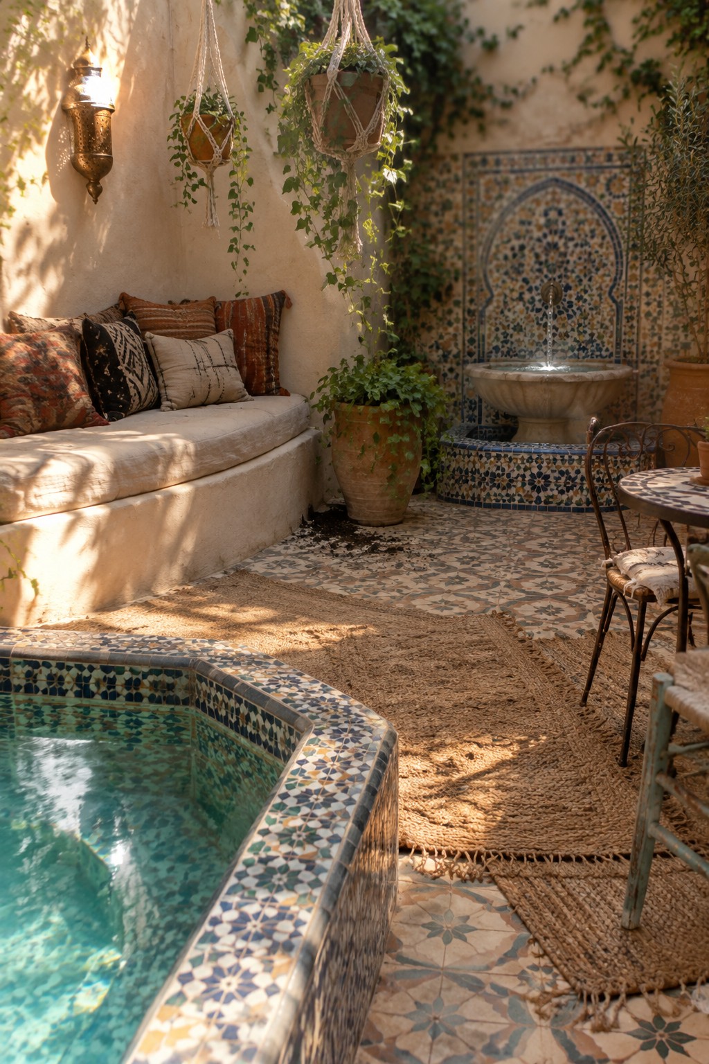 22 Stunning Plunge Pool Ideas for Small Courtyards A small courtyard with a mosaic-tiled plunge pool, a wall fountain, built-in bench seating with pillows, hanging plants, and layered woven rugs over patterned floor tiles.