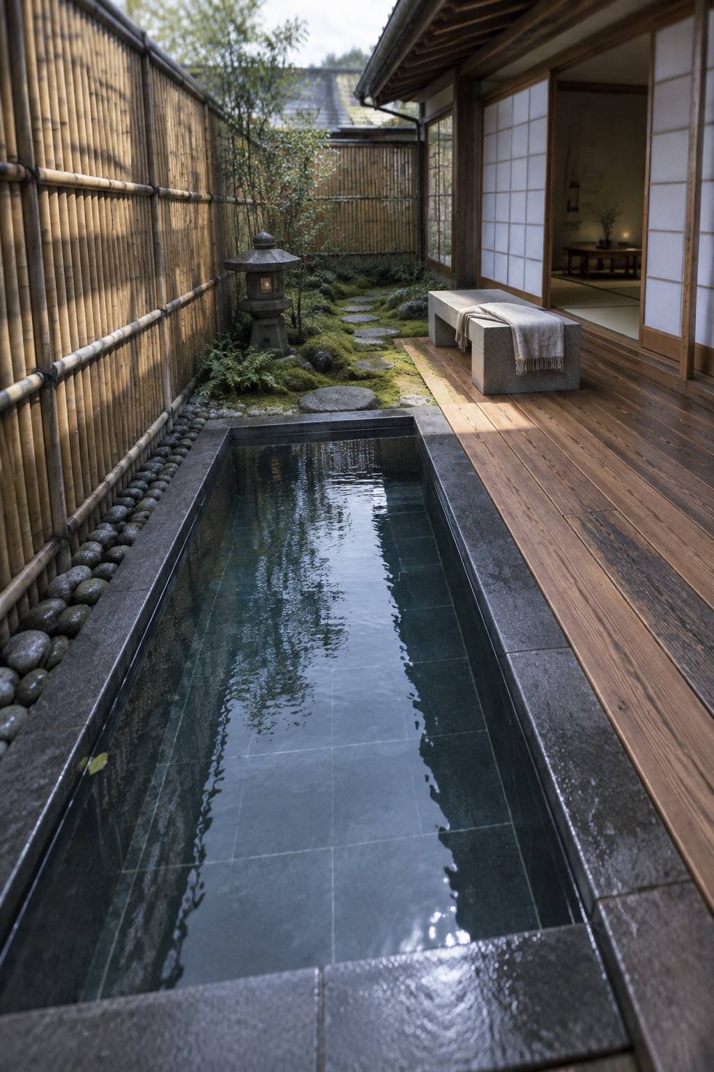 22 Stunning Plunge Pool Ideas for Small Courtyards A narrow rectangular plunge pool with dark stone tiles runs through a small courtyard beside a wooden deck, with a bamboo fence, stone lantern, and moss garden along the side.