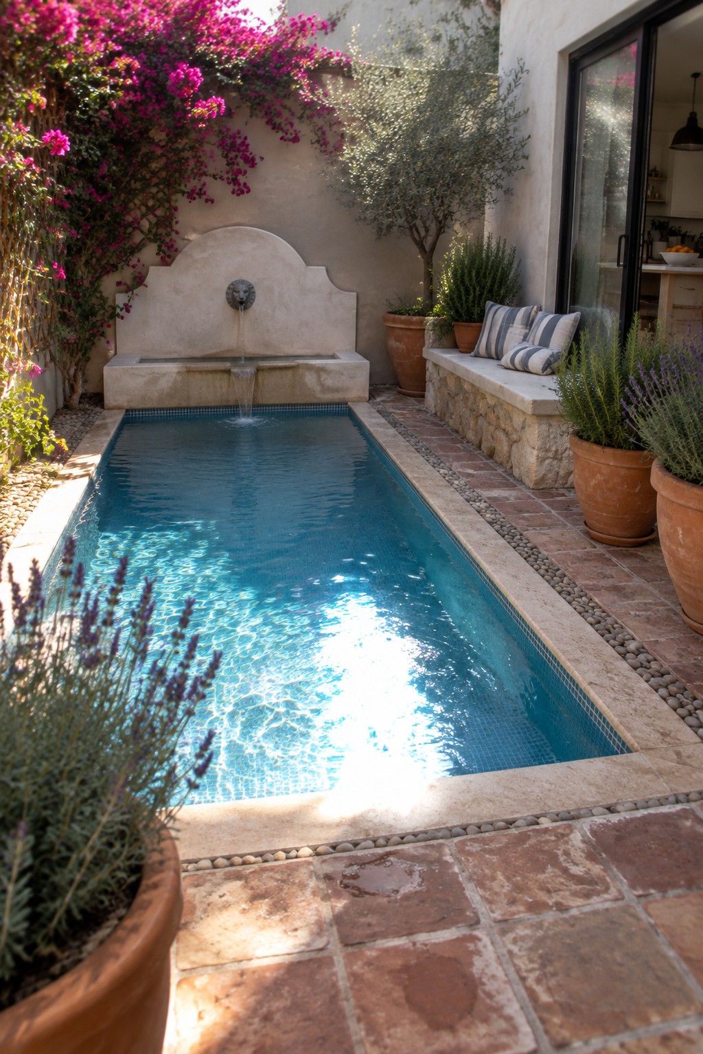 22 Stunning Plunge Pool Ideas for Small Courtyards Narrow blue pool with fountain, pink bougainvillea, terracotta pots, and tiled patio