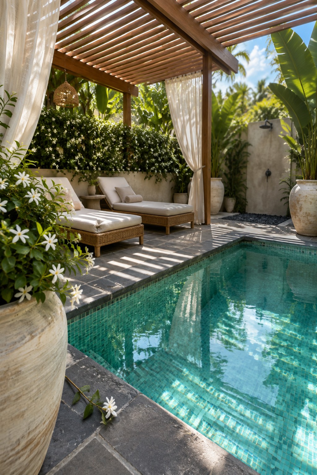 22 Stunning Plunge Pool Ideas for Small Courtyards A small plunge pool with turquoise mosaic tiles sits beside two lounge chairs under a wooden pergola in a courtyard with plants and an outdoor shower.