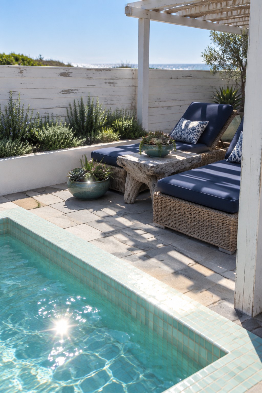 22 Stunning Plunge Pool Ideas for Small Courtyards Turquoise plunge pool beside navy-cushioned wicker loungers, rustic table, and ocean view.