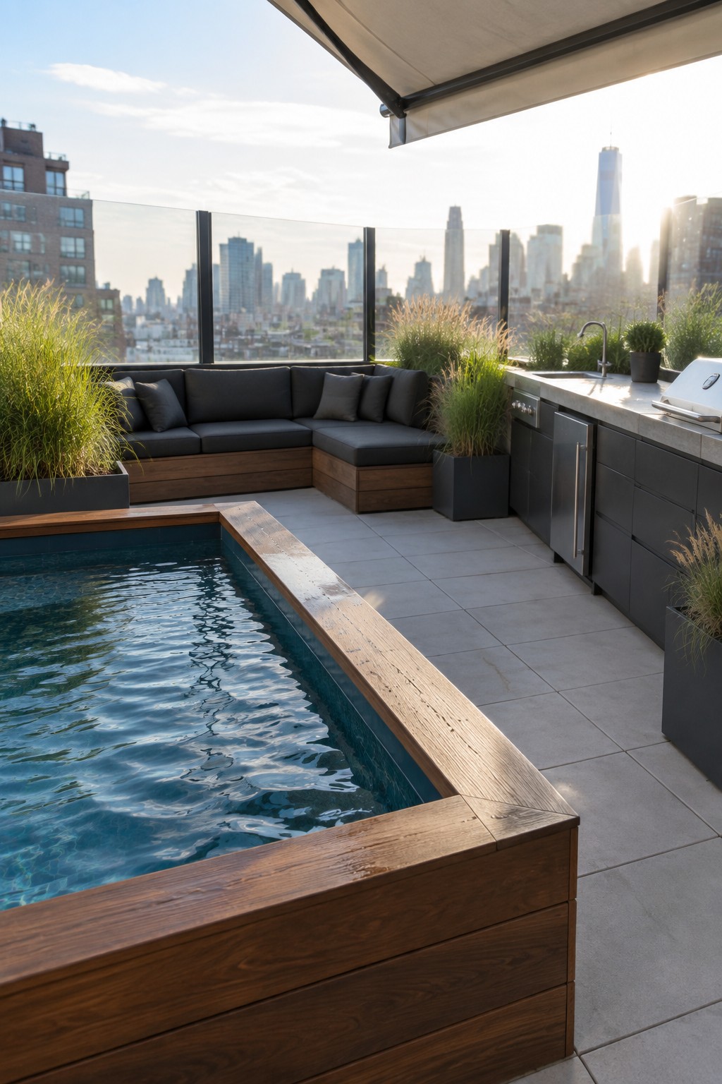 22 Stunning Plunge Pool Ideas for Small Courtyards Modern rooftop terrace with plunge pool, dark sectional sofa, kitchen, and city skyline.