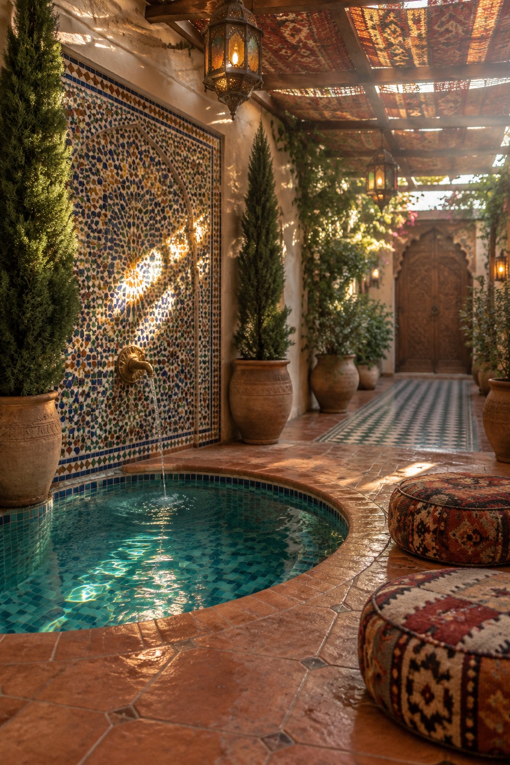 22 Stunning Plunge Pool Ideas for Small Courtyards Sunlit Moroccan courtyard with mosaic fountain pool, hanging lanterns, and woven poufs