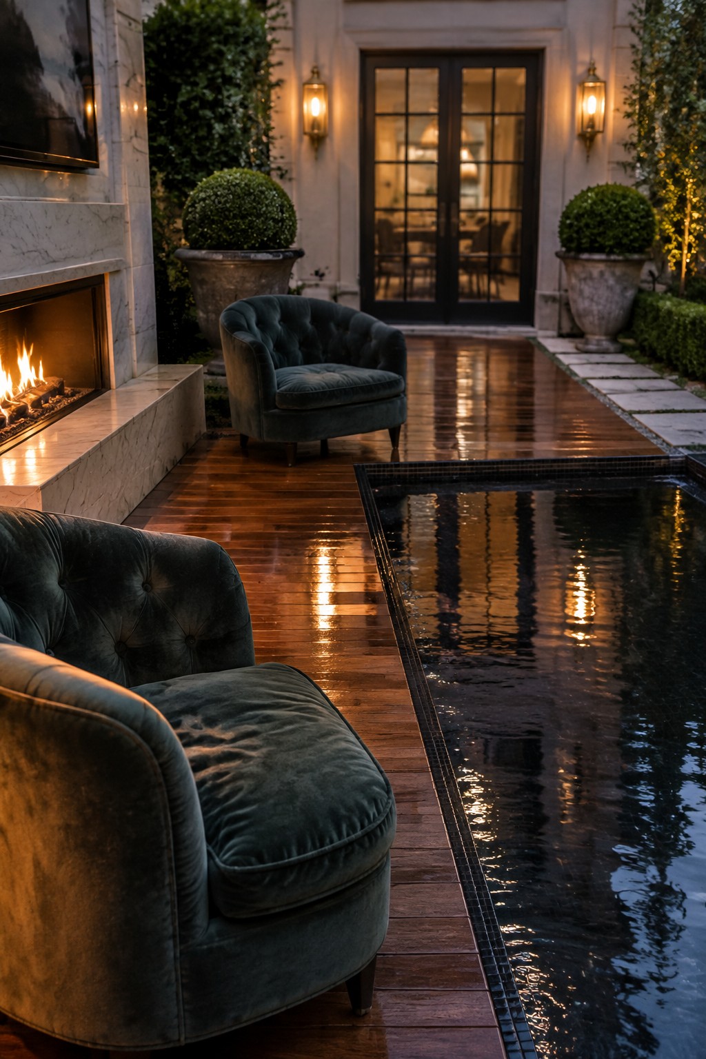 22 Stunning Plunge Pool Ideas for Small Courtyards Green velvet armchairs beside reflecting pool on wooden deck with fireplace