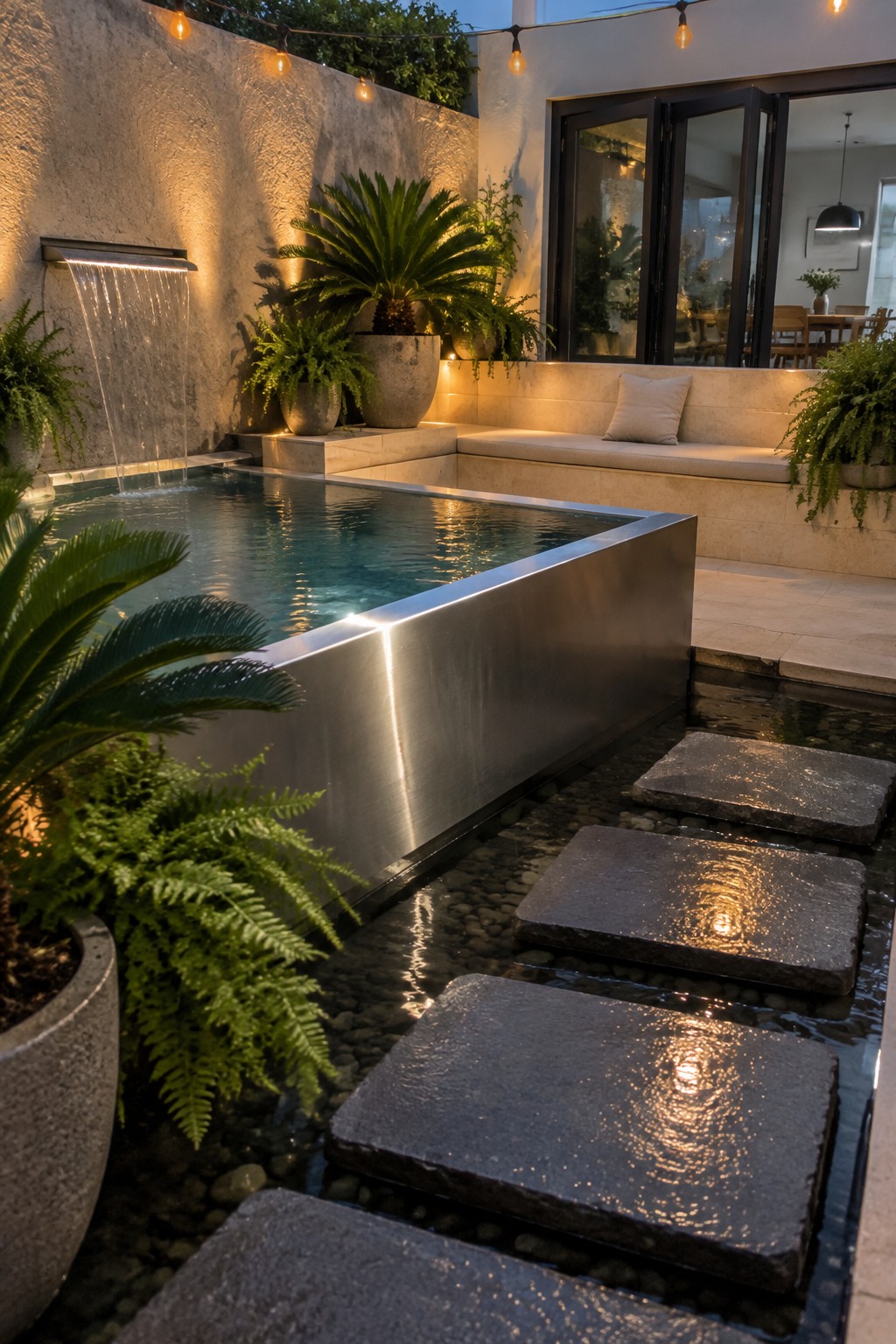 22 Stunning Plunge Pool Ideas for Small Courtyards A rectangular plunge pool with a metal edge is set in a courtyard with dark stepping stones crossing shallow water, a wall-mounted waterfall, potted plants, and a built-in bench.