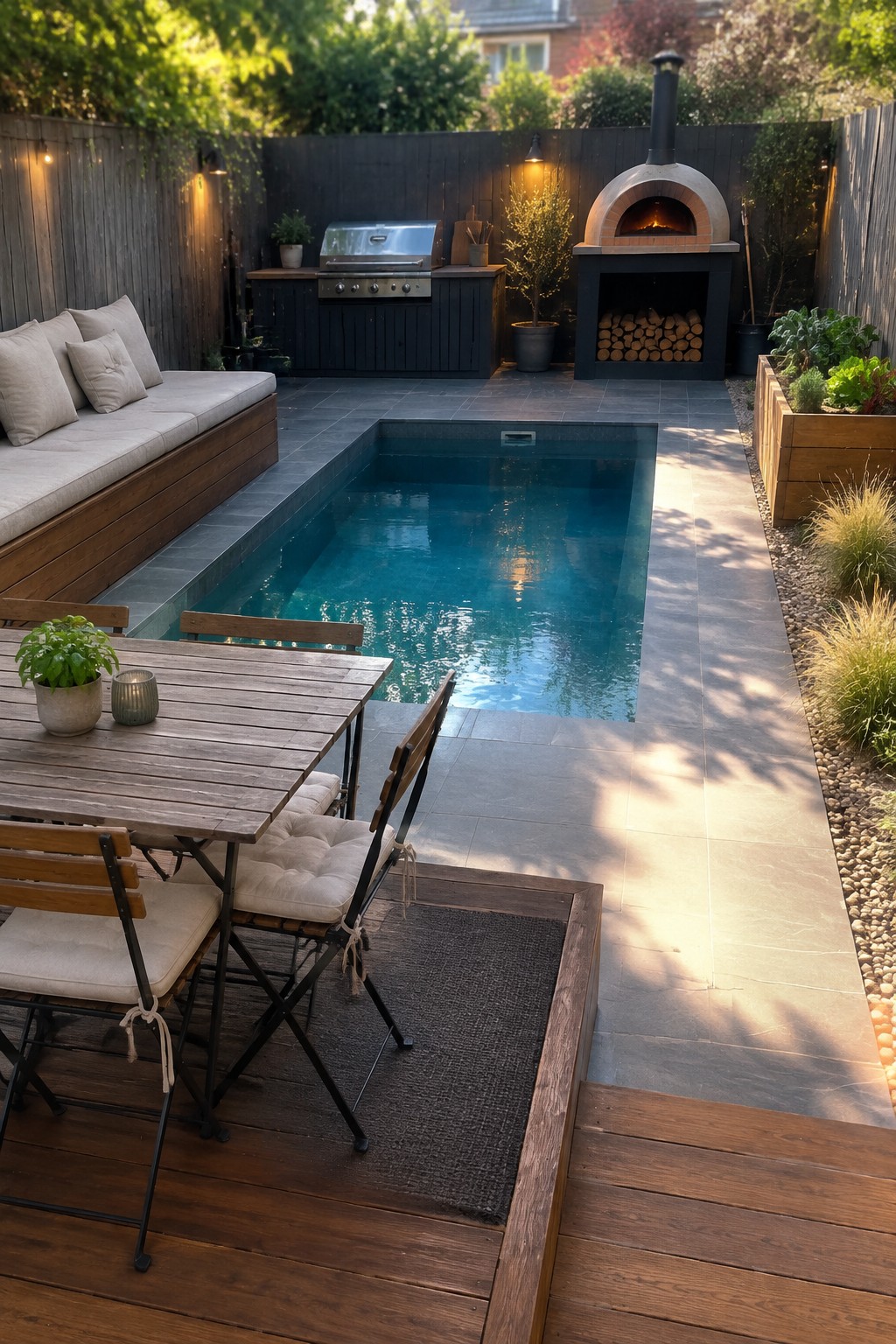 A narrow rectangular plunge pool in a small backyard, with wooden decking and a dining table on one side and a built-in bench along the other.