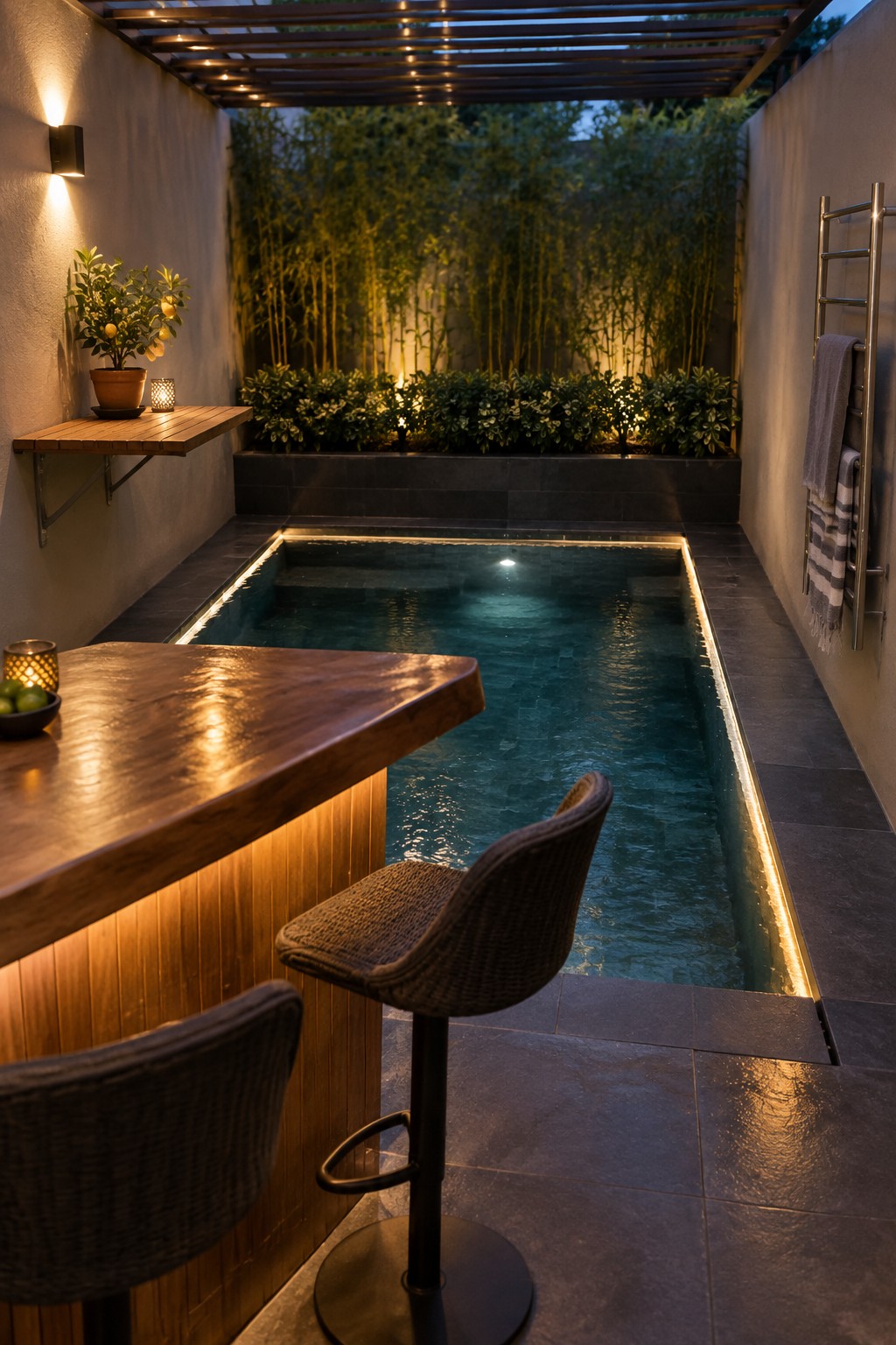 Illuminated rectangular plunge pool beside wooden bar with woven stools in courtyard at night
