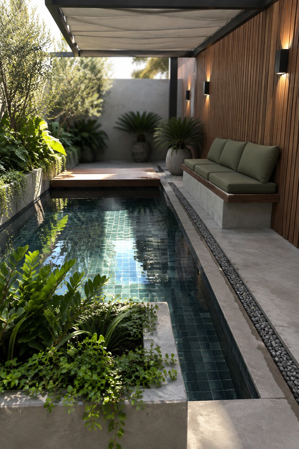 Narrow lap pool with blue mosaic tiles beside cushioned bench and lush plants