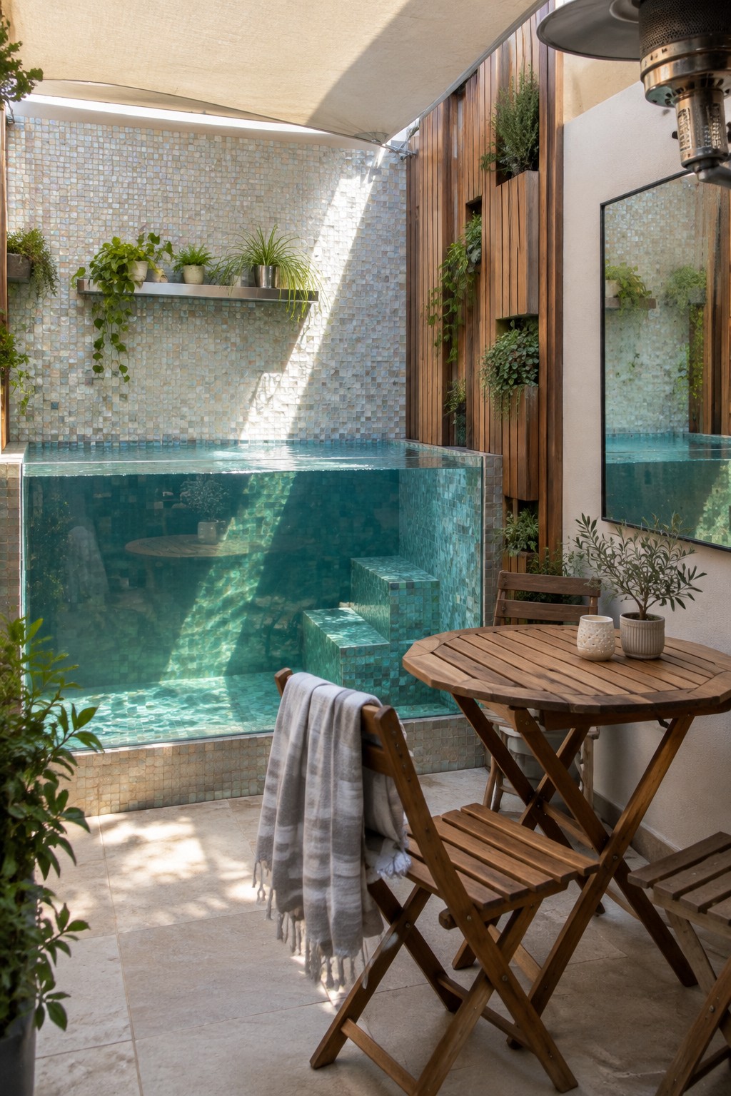 Sunlit patio with turquoise plunge pool, wooden table, chairs, and plants.