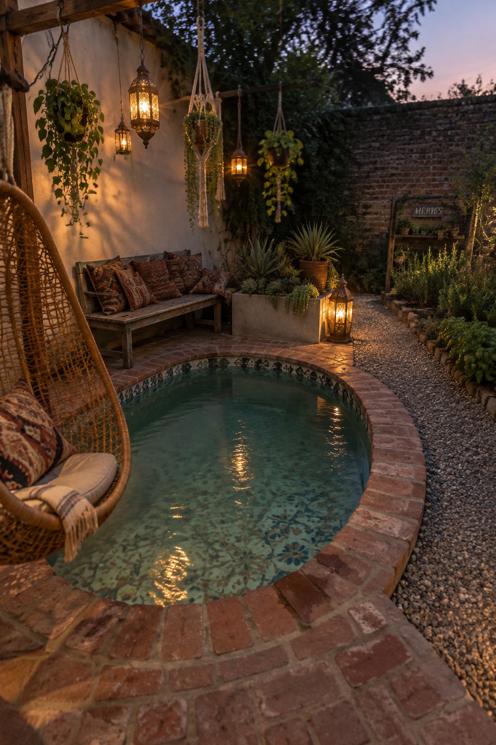 A small circular plunge pool with patterned tile and brick edging sits in a compact backyard patio beside a hanging wicker chair, wooden bench, hanging plants, and lanterns.