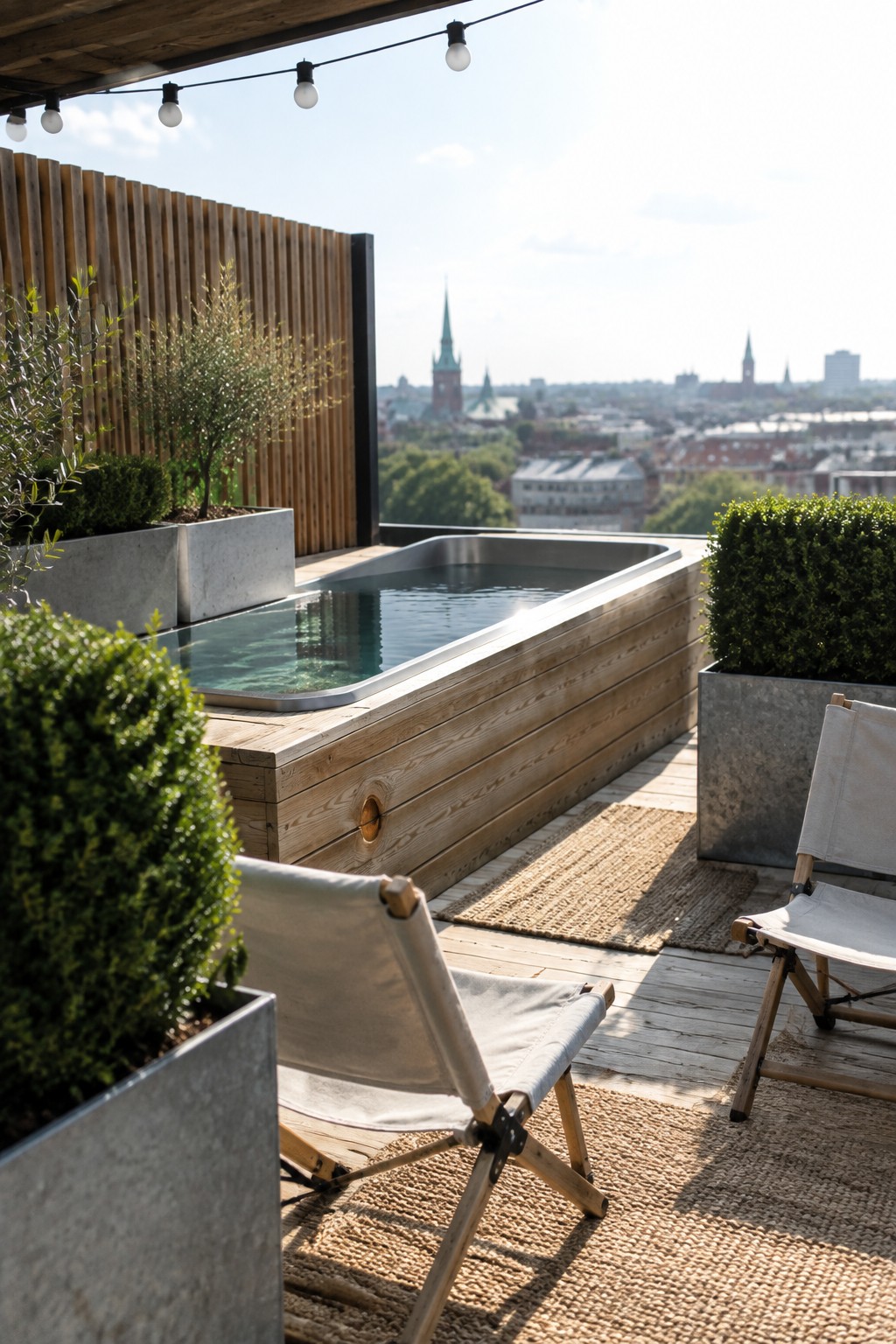 A rectangular plunge pool is built into a wooden deck on a rooftop terrace, with large planters holding shrubs on either side, two canvas folding chairs on woven rugs, and string lights overhead above a city view.