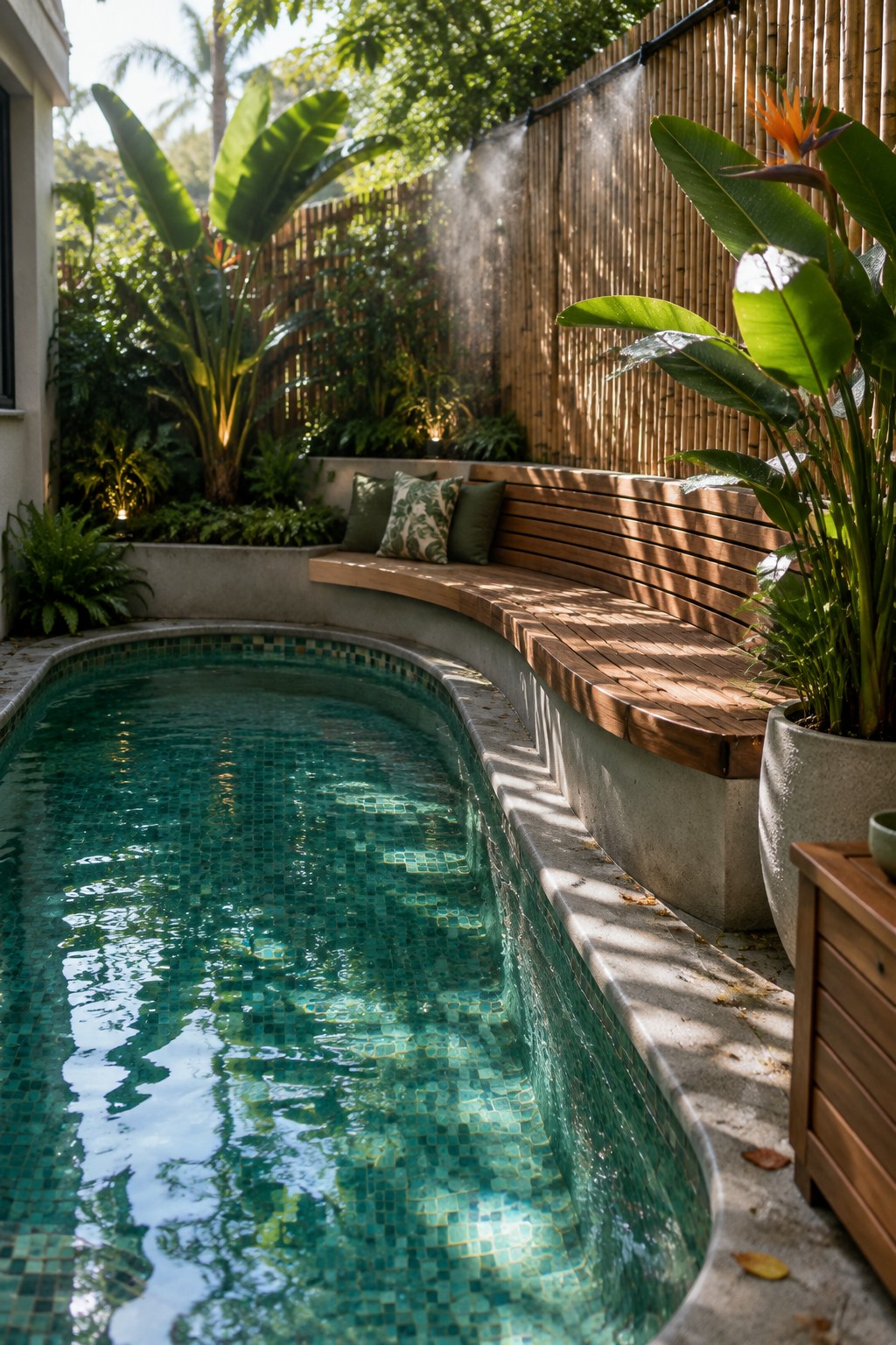 A small plunge pool with curved wooden bench seating built into the concrete edge, surrounded by tropical plants and a bamboo fence.