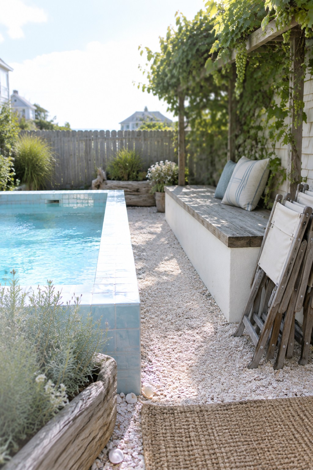 A narrow plunge pool with light blue tiles sits next to a long built-in wooden bench with cushions on a gravel surface, with stacked chairs nearby.