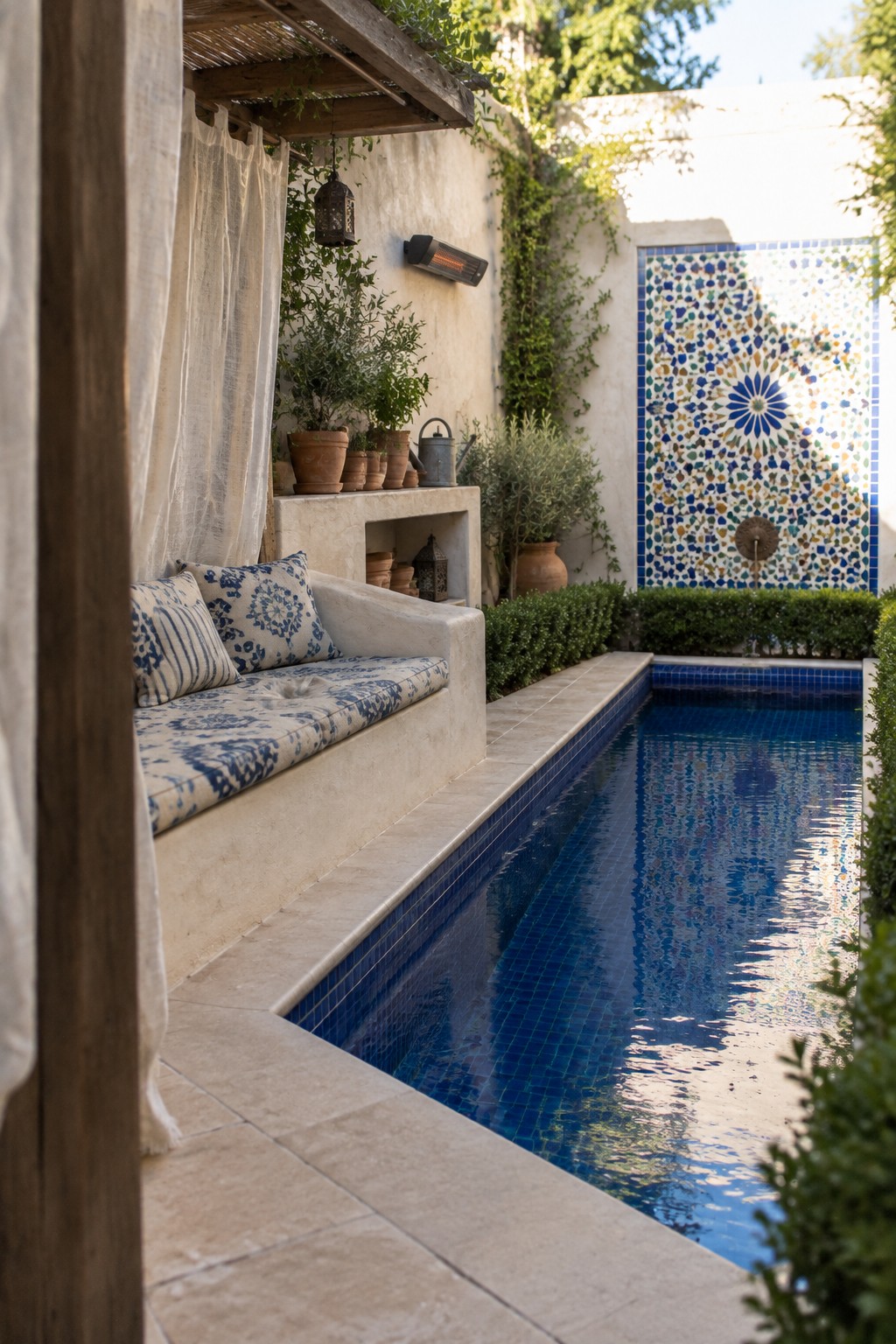 A narrow blue-tiled plunge pool runs beside a built-in concrete bench with blue and white patterned cushions, next to a colorful mosaic fountain wall in a small courtyard garden.