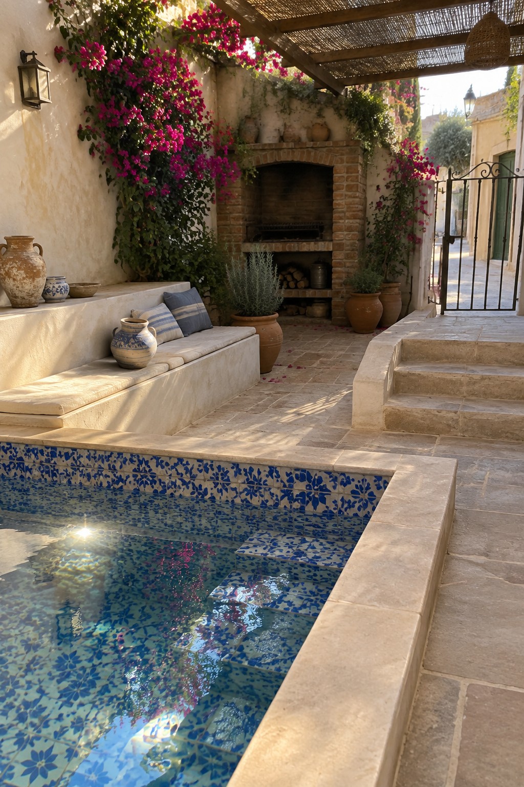 A small plunge pool with blue and white patterned tiles has a built-in stone bench with cushions along one edge, next to a brick outdoor fireplace and climbing pink flowers on the walls.
