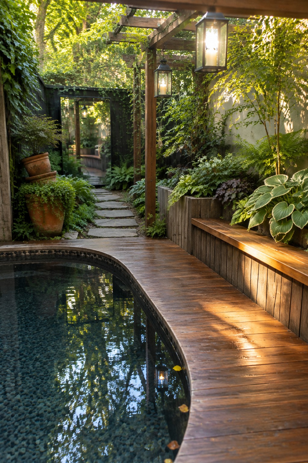 A curved plunge pool beside a wooden deck with built-in bench, hanging lanterns on a pergola, and surrounding plants in a narrow garden.