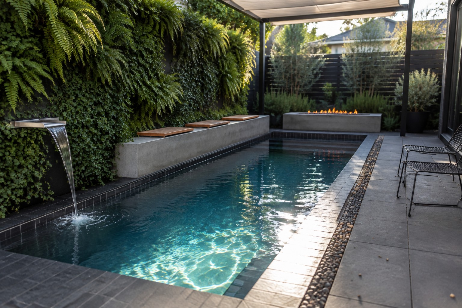 Modern courtyard pool with waterfall, fire pit, vertical garden, and lounge seating.