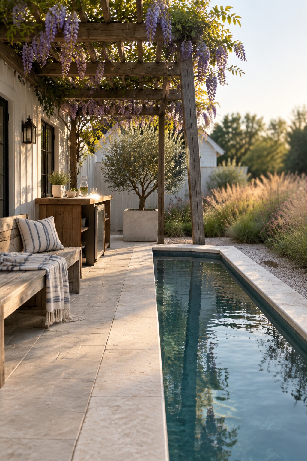 A narrow rectangular plunge pool runs parallel to a stone patio beneath a wooden pergola covered in purple wisteria, with a wooden bench and outdoor counter visible on the left.