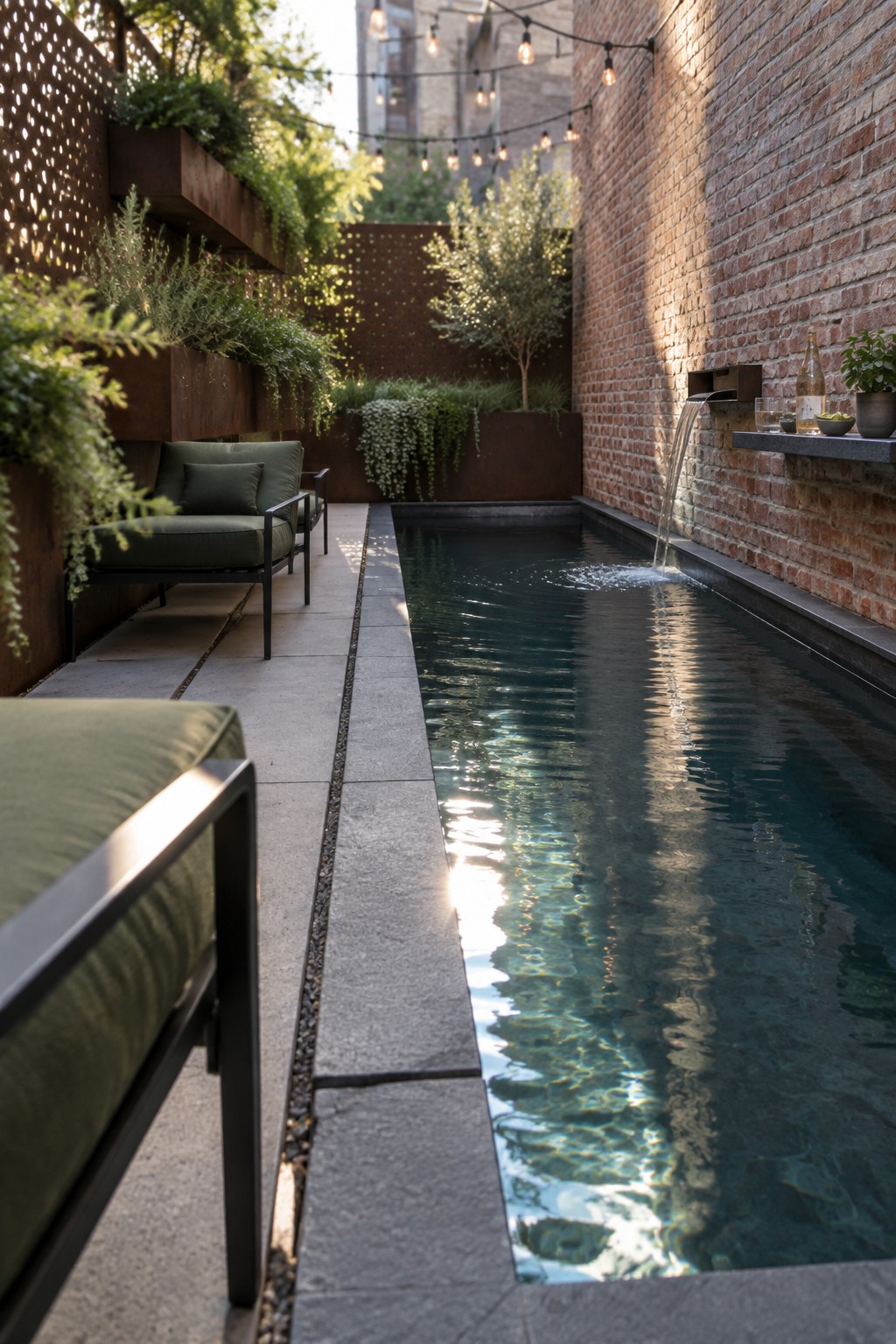 A narrow plunge pool runs the length of a small courtyard between a concrete path with green seating and a brick wall with a wall-mounted water spout.