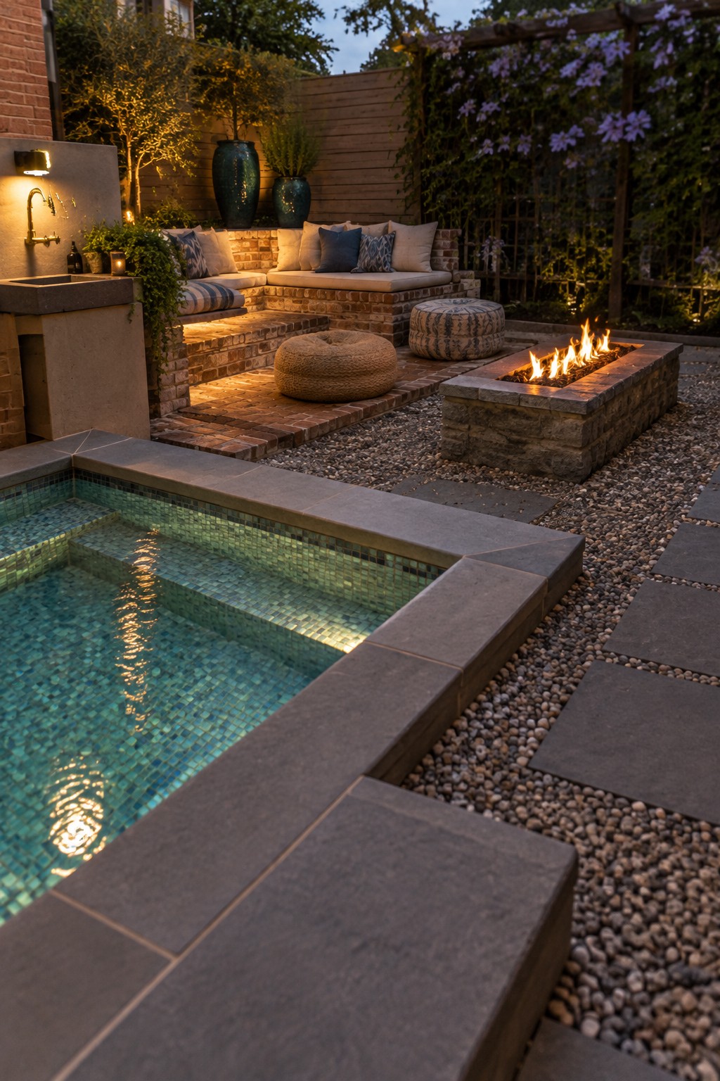 A rectangular plunge pool with blue mosaic tiles sits next to a rectangular stone fire pit with flames, surrounded by gravel, pavers, built-in brick seating, and outdoor ottomans.