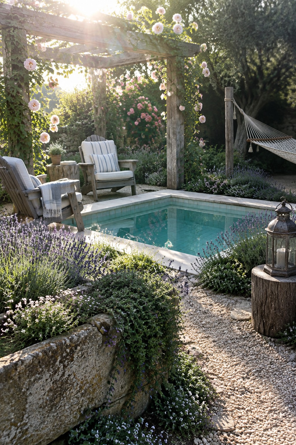 A small rectangular plunge pool with light blue tile sits under a wooden pergola covered in white climbing roses, surrounded by lavender, wooden lounge chairs, a hammock, and gravel paths in a garden.