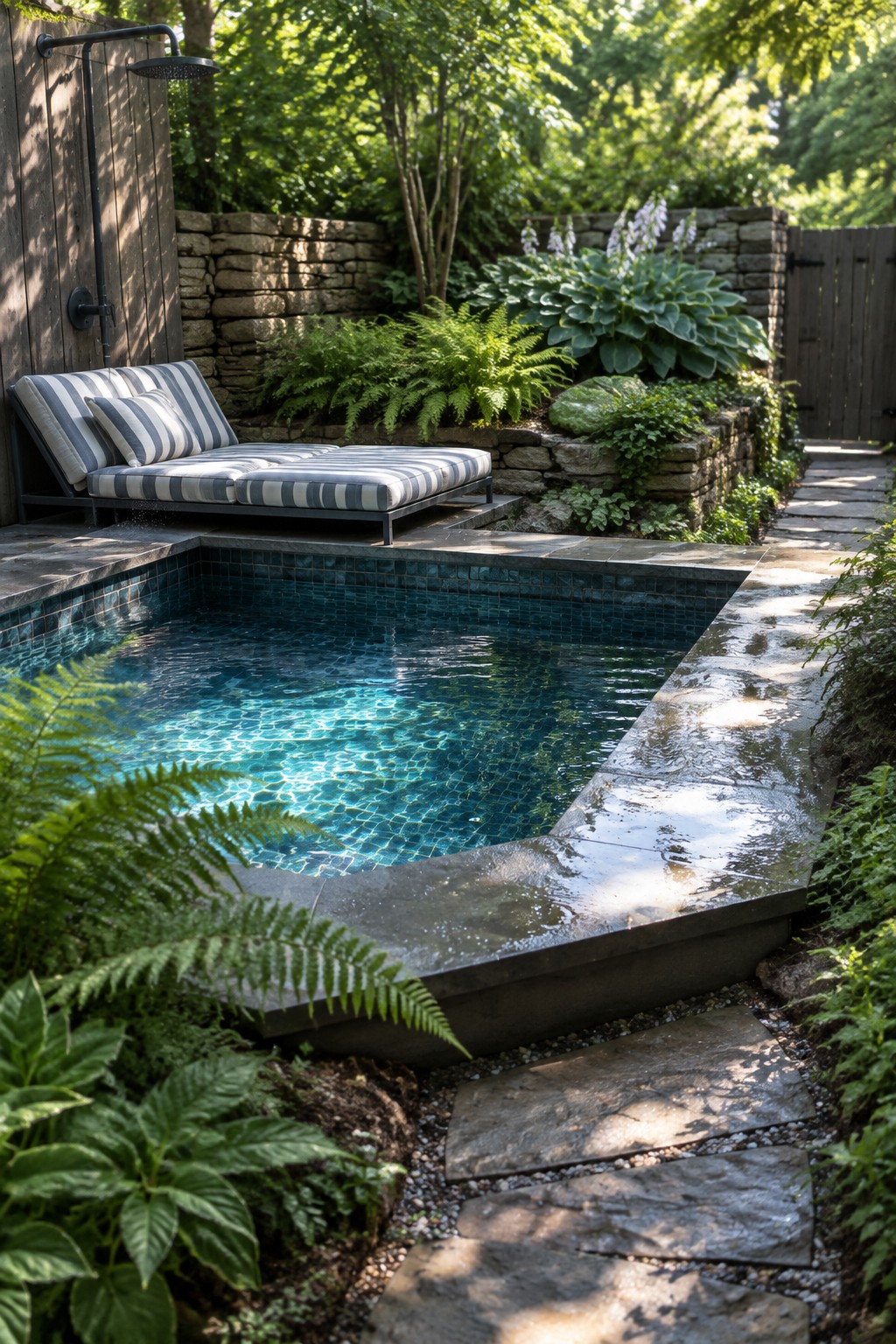 Small blue-tiled plunge pool with striped lounge chair amid ferns and stone path