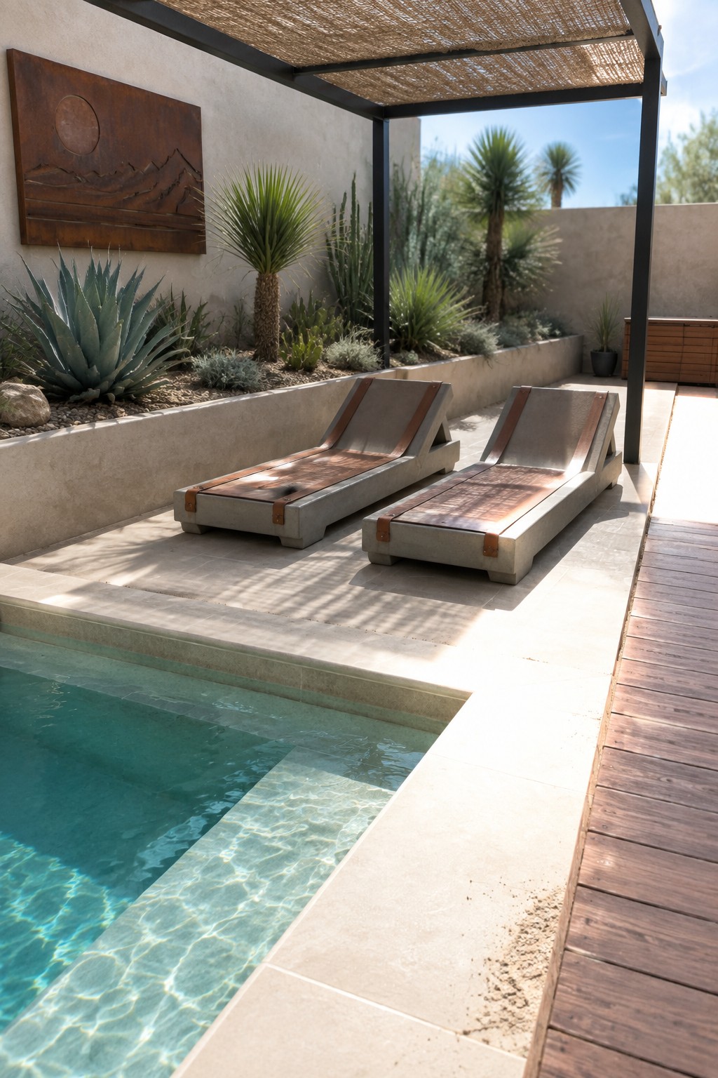 Two concrete lounge chairs with brown straps sit on a tiled patio next to a small plunge pool, with desert plants and a pergola overhead.