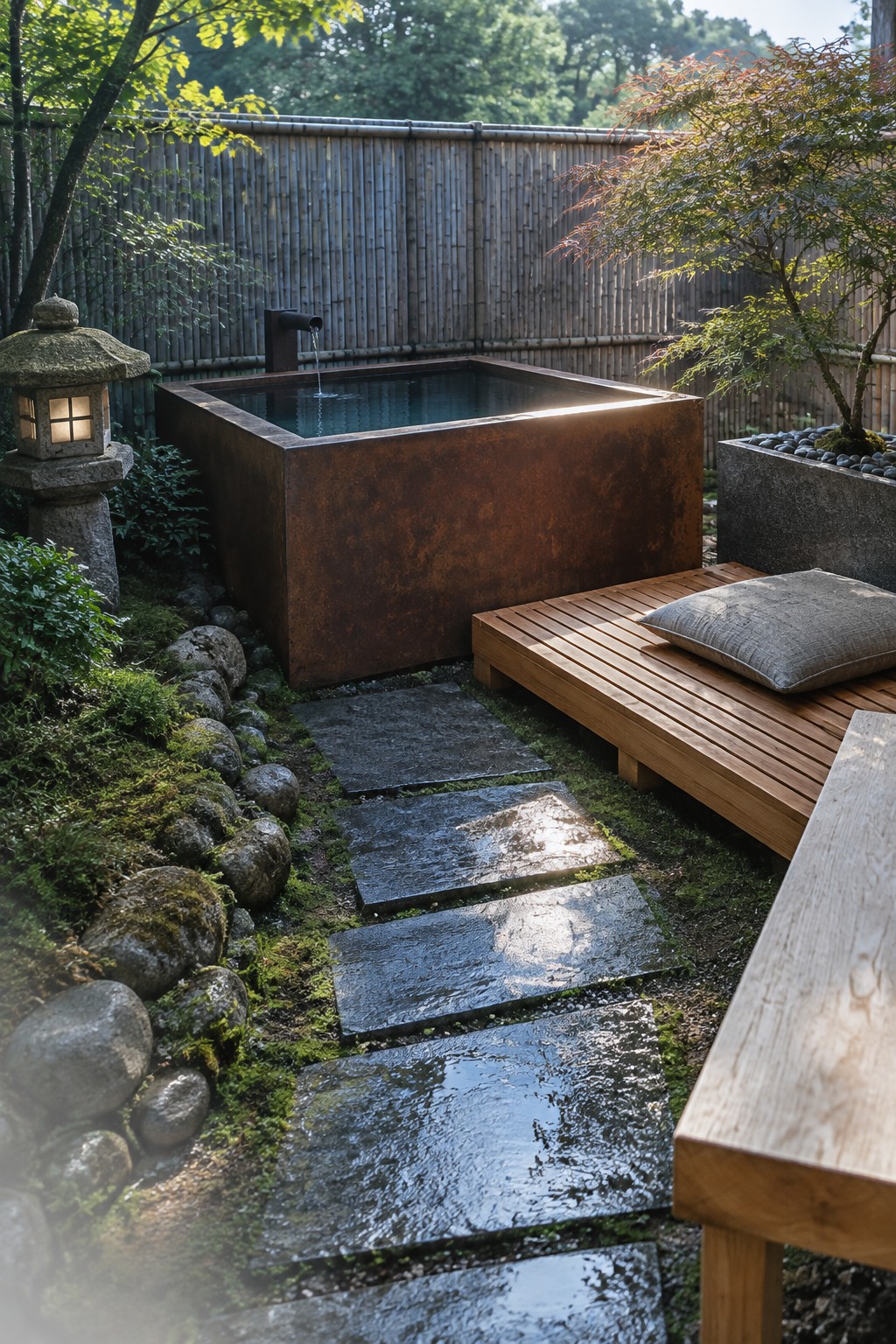 A square rusted metal plunge pool filled with water sits in a small garden beside a wooden platform with a cushion, stone stepping stones, and a stone lantern, enclosed by a bamboo fence and trees.