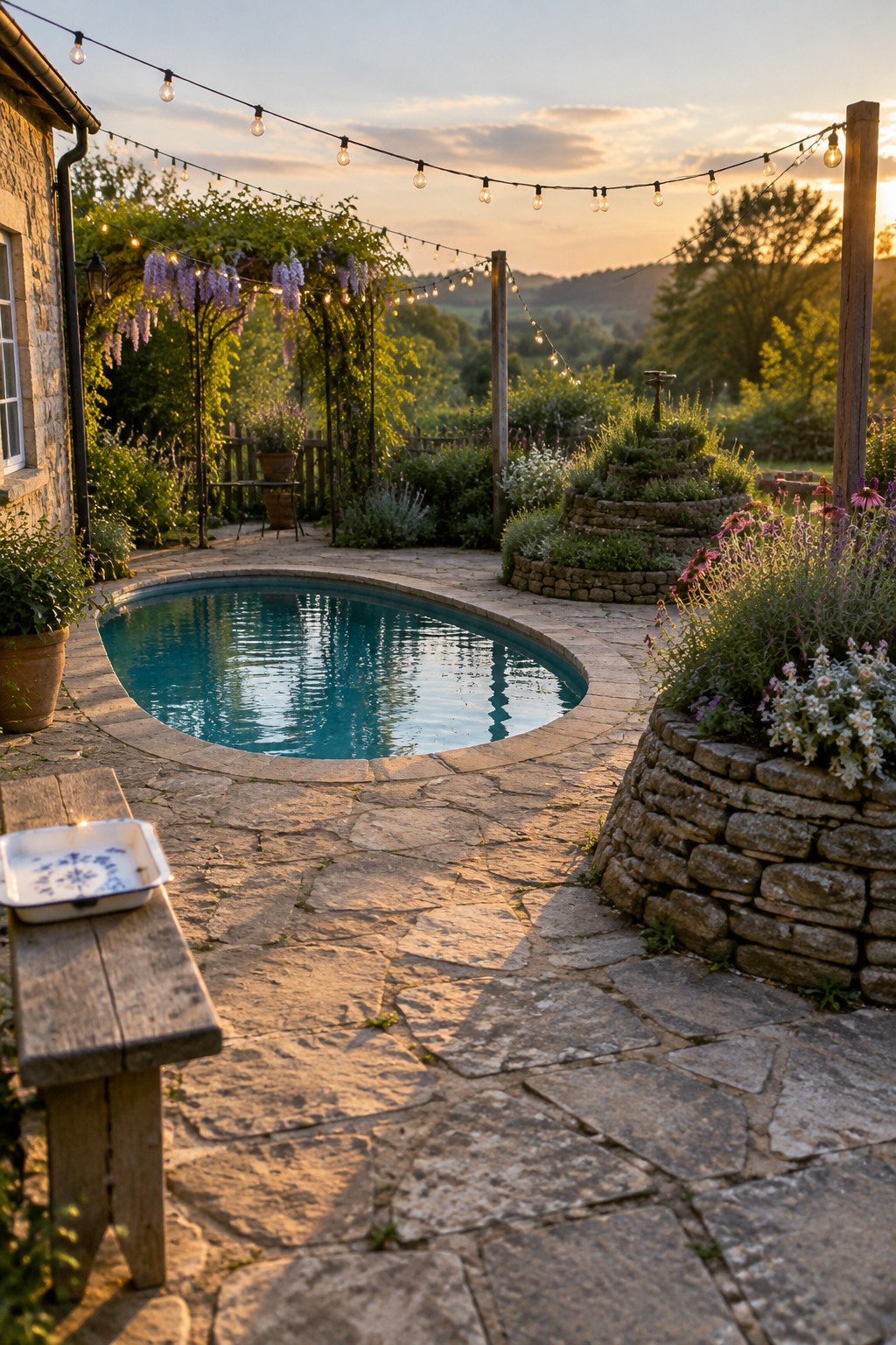 A circular plunge pool set into a stone patio with overhead string lights, potted plants, and a stone retaining wall with flowers at dusk.