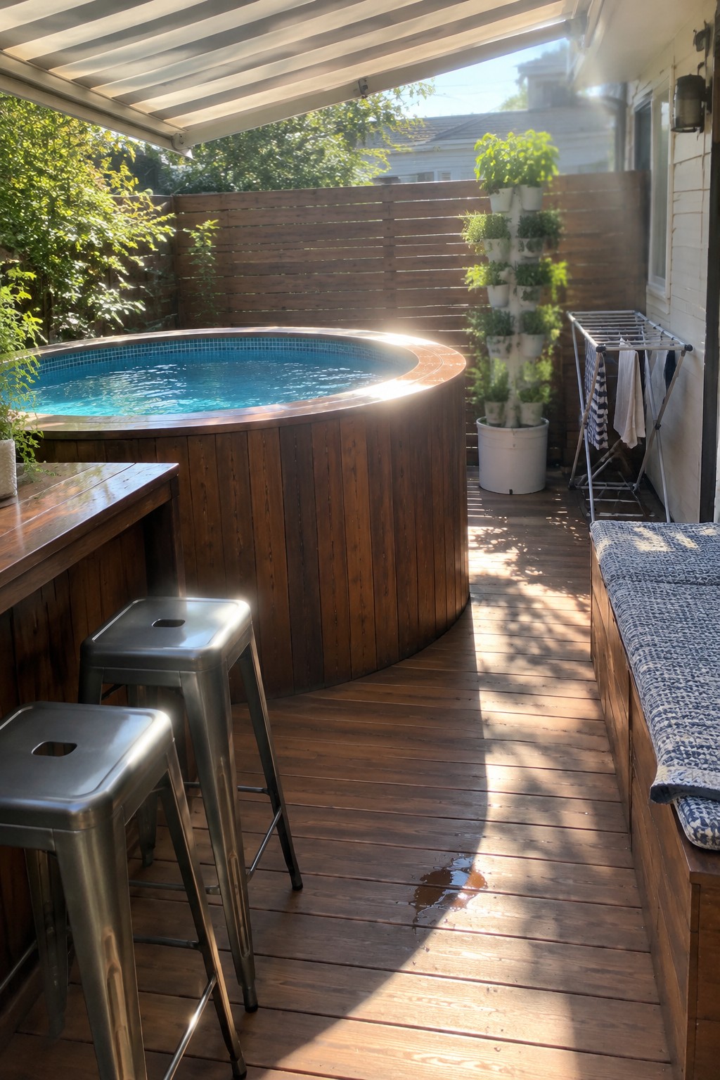 A round plunge pool with a wooden exterior sits on a deck beside a wooden fence, with metal stools and a vertical planter nearby.
