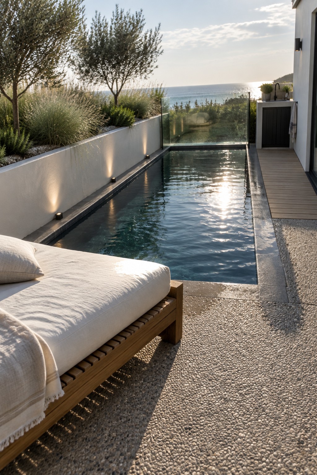 A narrow rectangular plunge pool sits against a white wall in a small yard, with a wooden lounge chair on gravel in the foreground and ocean views beyond.
