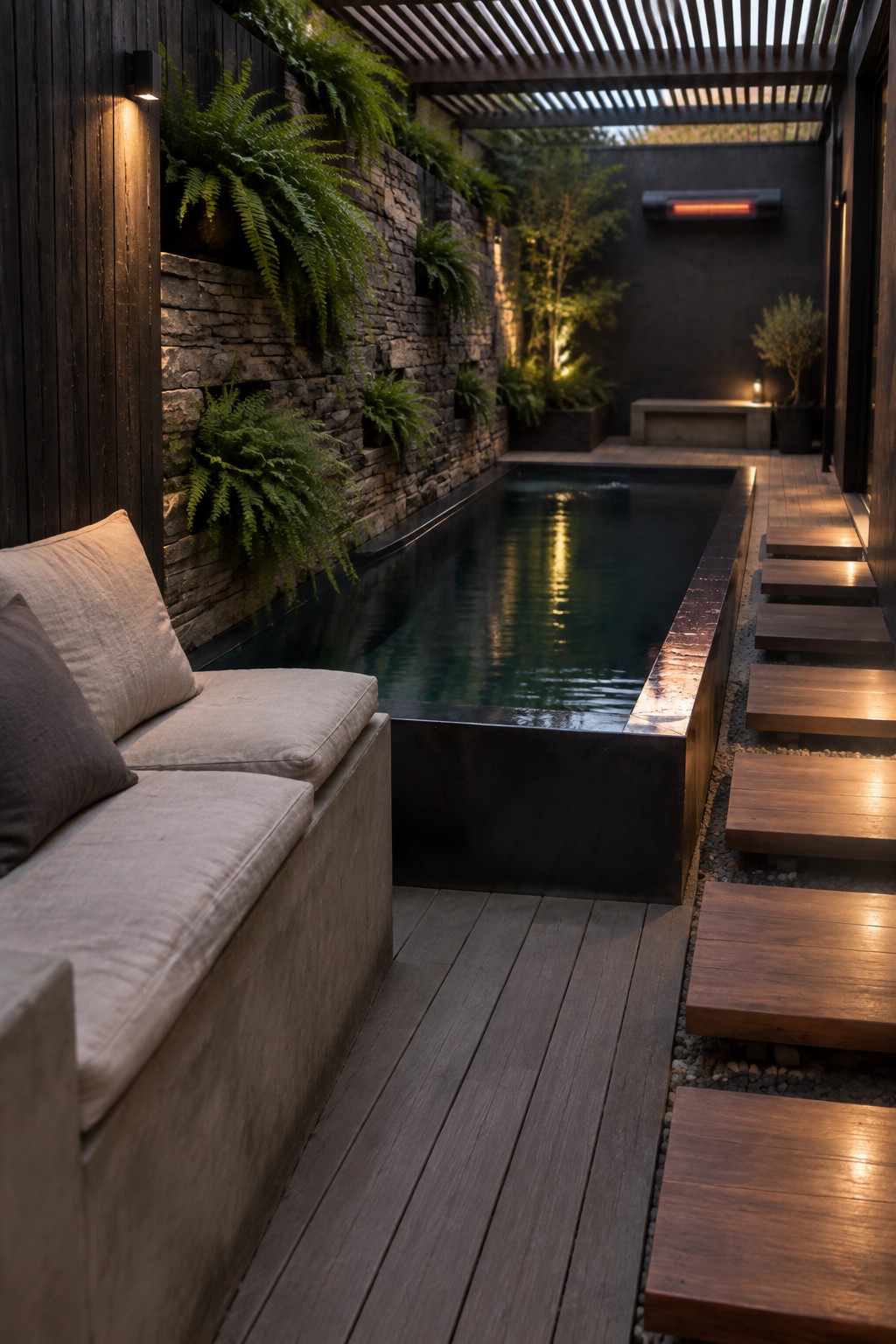 A narrow rectangular plunge pool runs along a stone wall with ferns, next to a concrete bench with cushions on the left and wooden deck steps on the right.