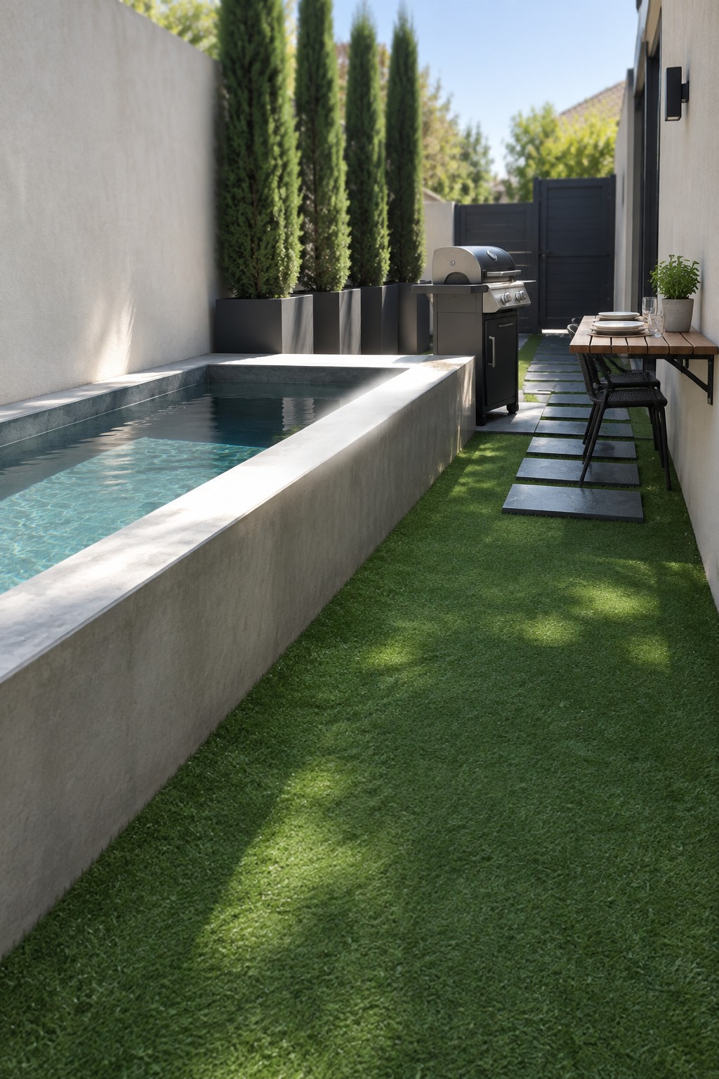 A narrow rectangular plunge pool sits against a tall concrete wall in a small yard, bordered by artificial grass and a line of dark stepping stones leading to a grill and outdoor table.