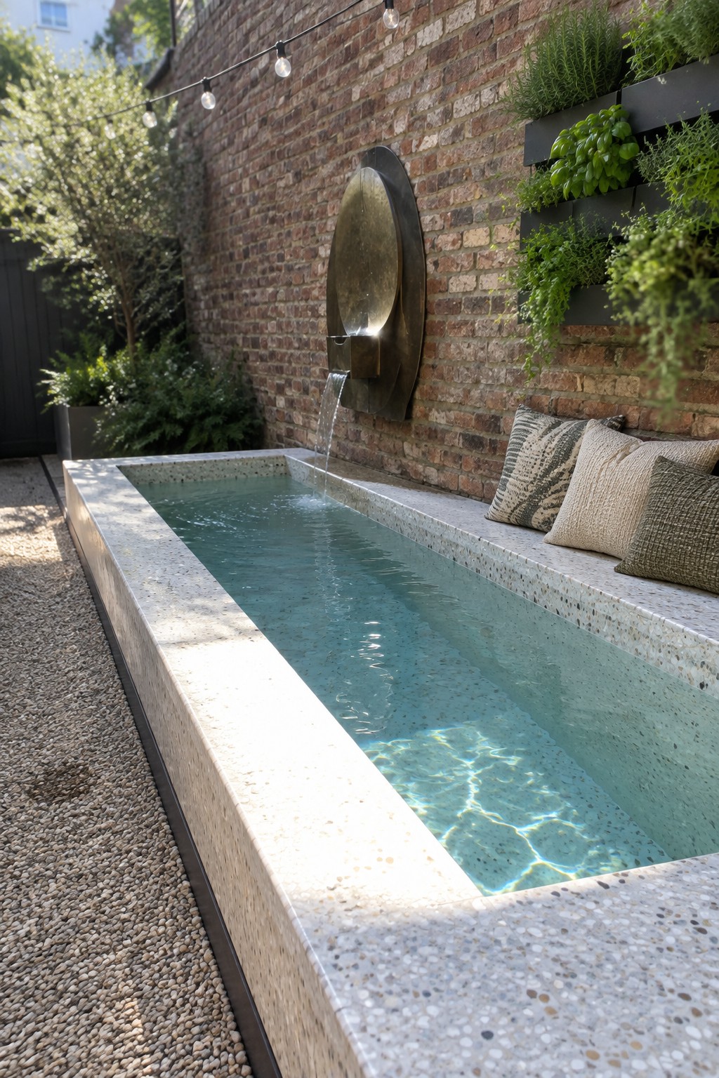 A long narrow plunge pool with light blue water runs along a brick wall, fed by a round metal fountain, with gravel on the left and cushions on the right edge.