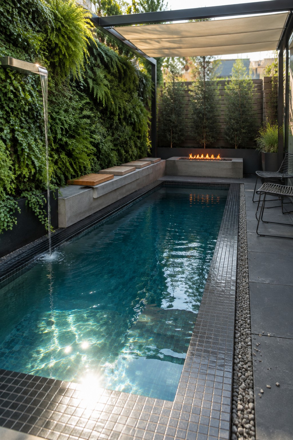 Modern courtyard pool with waterfall, fire pit, vertical garden, and lounge seating.