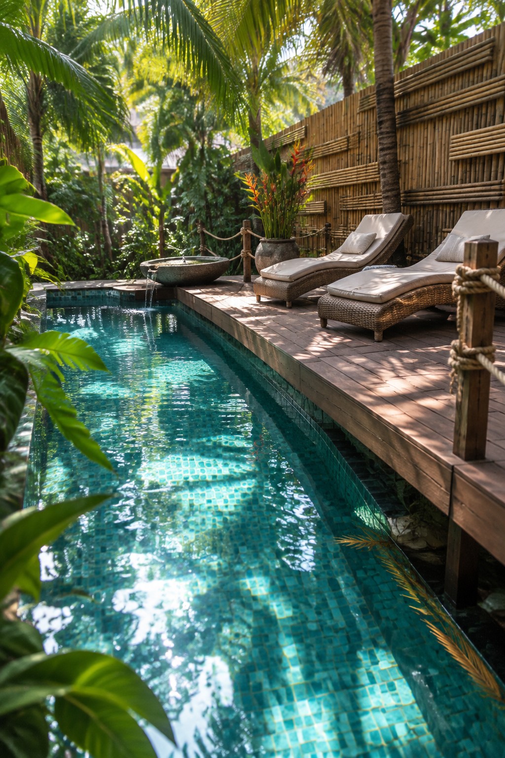 A narrow rectangular plunge pool with turquoise mosaic tiles runs alongside a wooden deck holding two woven lounge chairs, with tropical plants and a bamboo fence in the background.