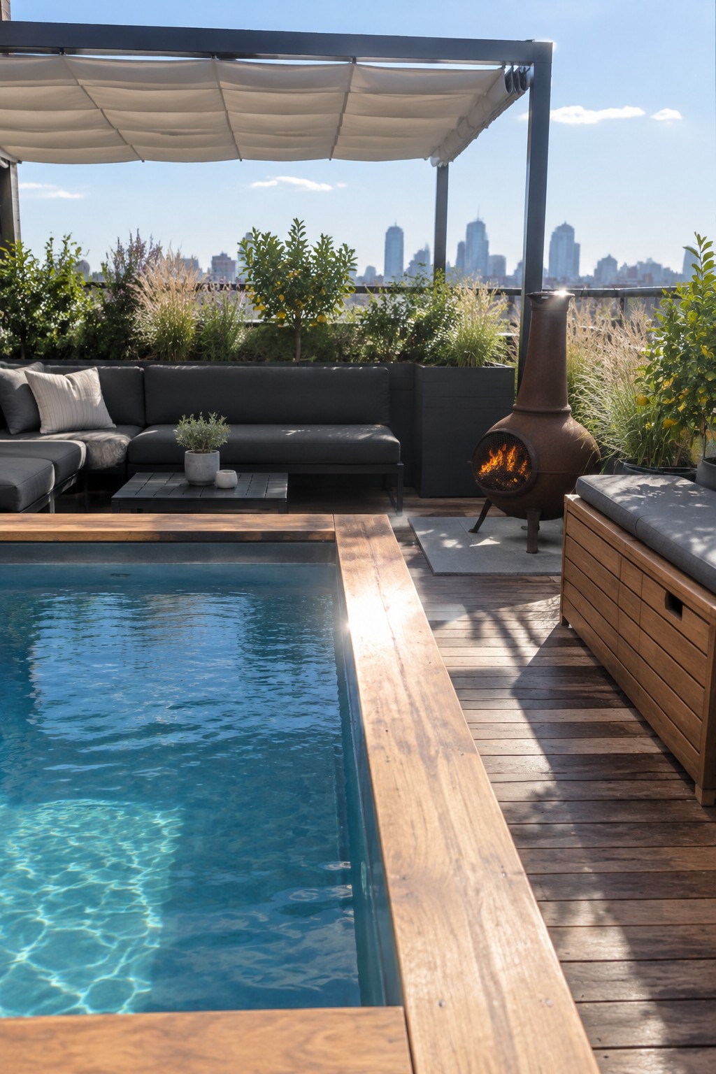 A narrow plunge pool with clear blue water sits beside a wooden deck holding a dark sectional sofa, a lit metal fire pit, and potted plants, with a city skyline in the background.