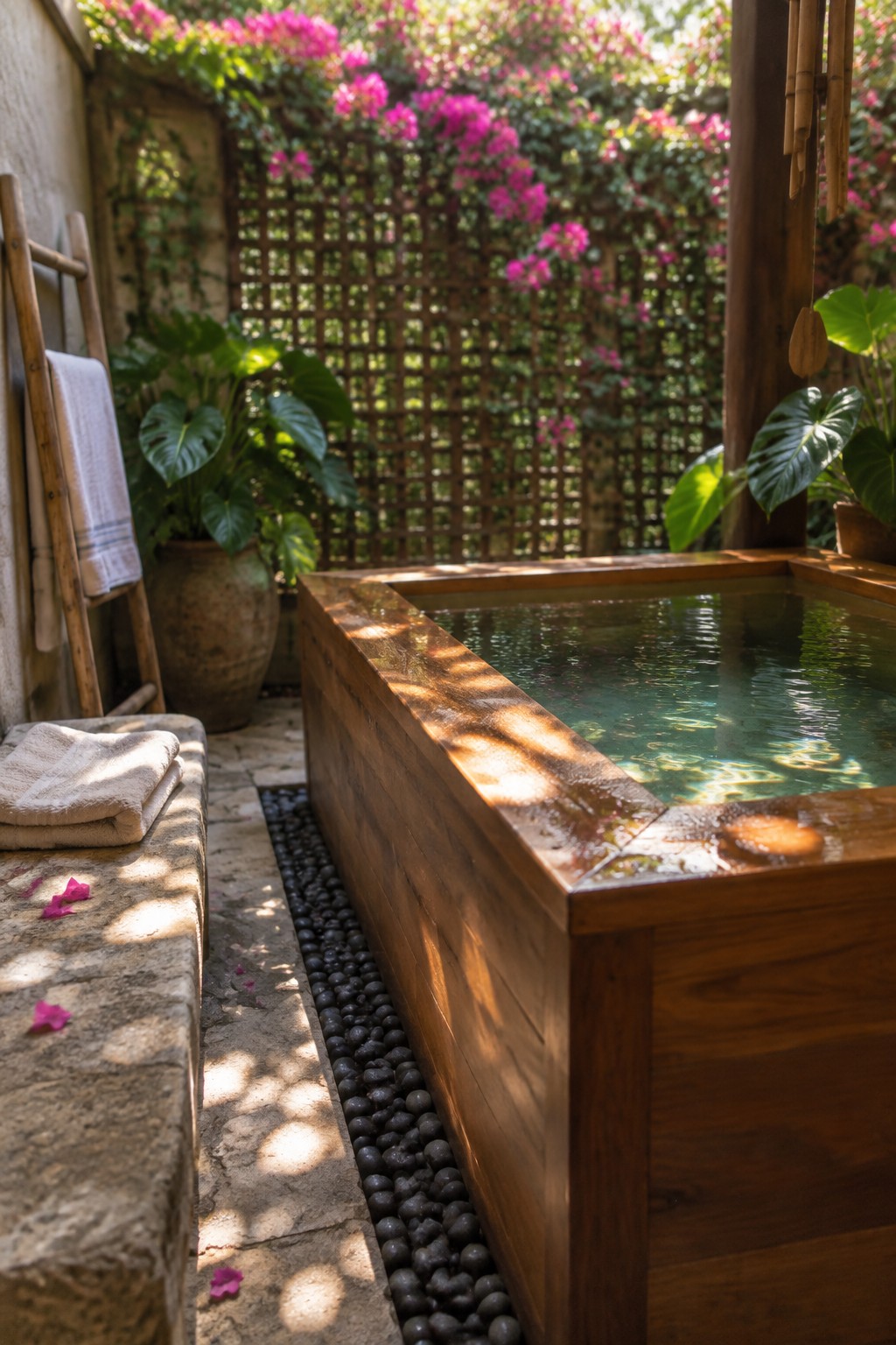 Wooden outdoor soaking tub with rippling water amid pink flowers and lush plants